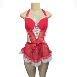 Victoria’s Secret Size M Red White Lightly Lined Lace Apron Lingerie Teddy